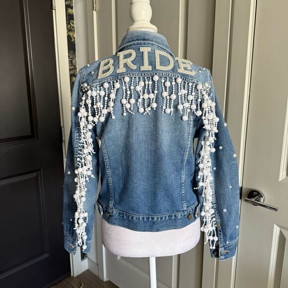 Madewell Custom Rhinestone Cowgirl Bachelorette Disco Fringe Jean Jacket Size M - Picture 8 of 10